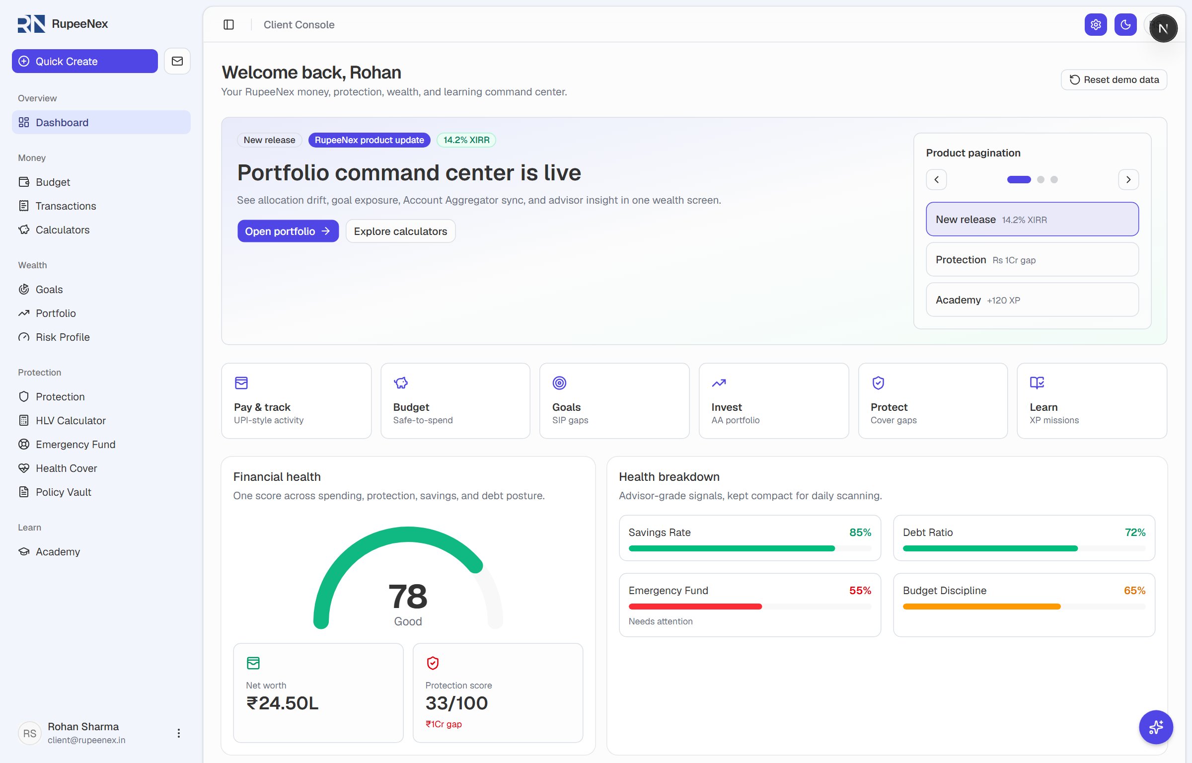 RupeeNex Client Console dashboard showing a financial-health score, net worth and a health breakdown